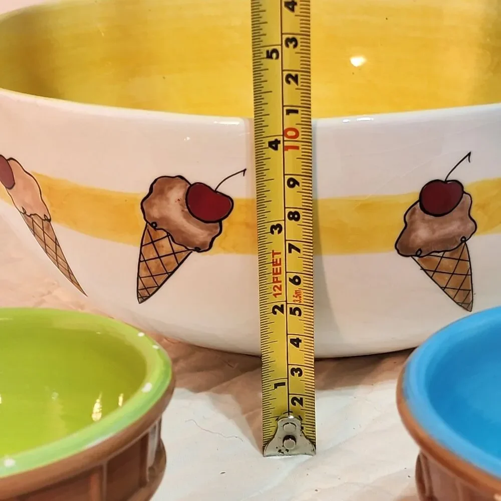 Pottery Barn Ice Cream Serving Bowl Ceramic & 2 Sundae Dessert Bowls